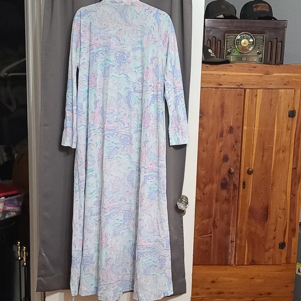 VTG J C Penney Womens Long Robe Nylon Marbled Pastels Pockets‎ Size L 16/18 EUC